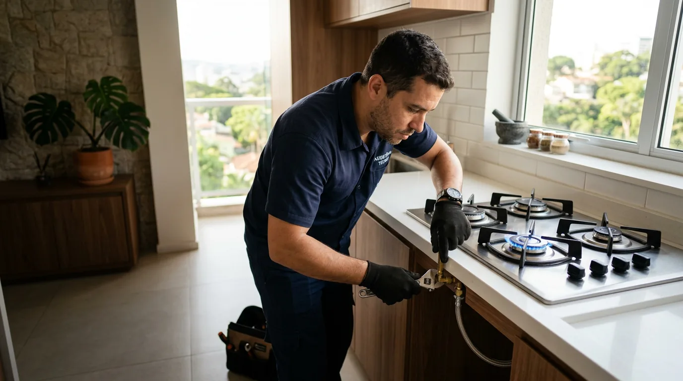 Técnico instalando um cooktop a gás