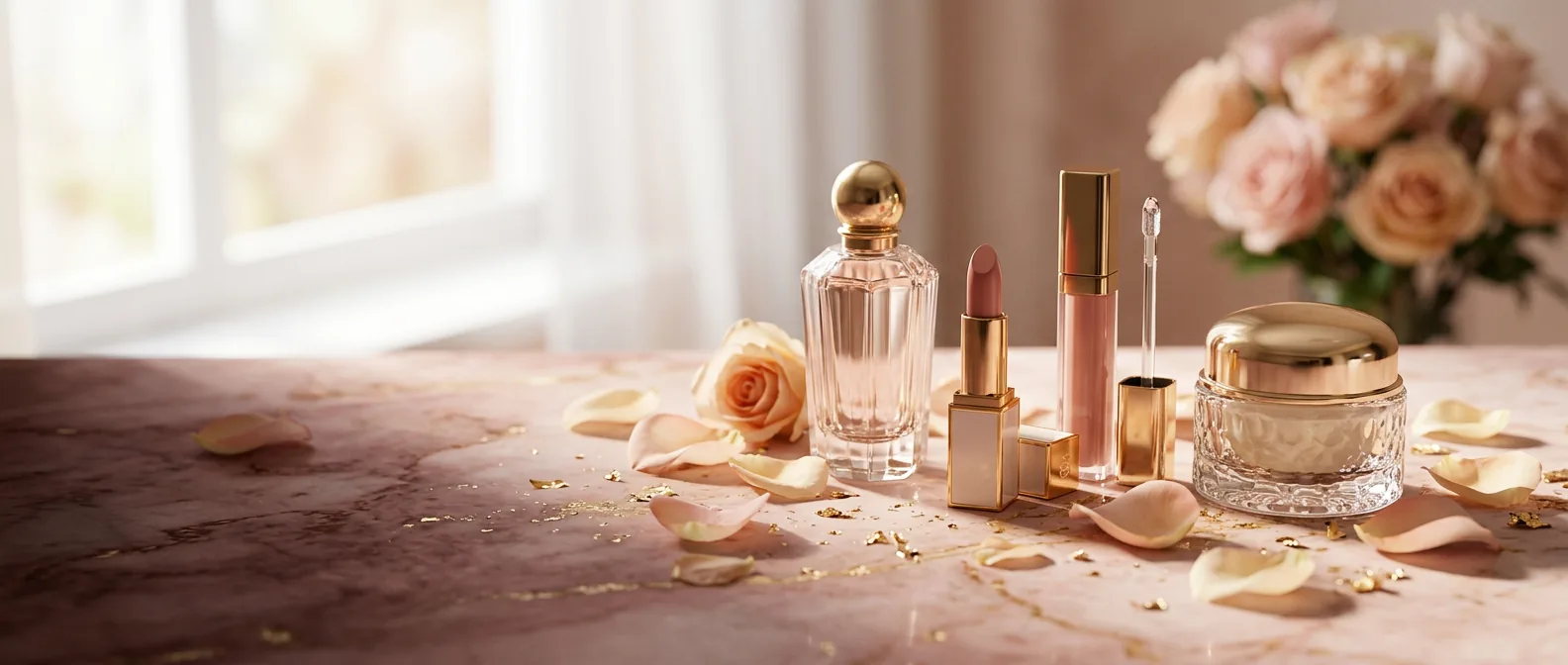 Perfumes e maquiagem sobre mármore rosado