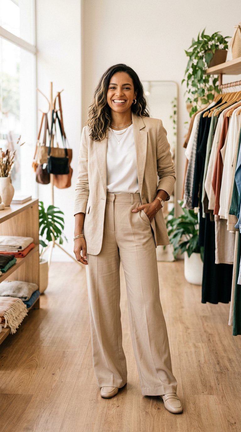Mulher usando blazer bege e pantalona
