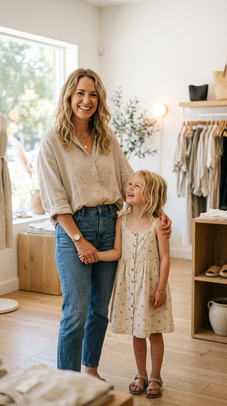 Mãe e filha escolhendo roupas juntas na boutique