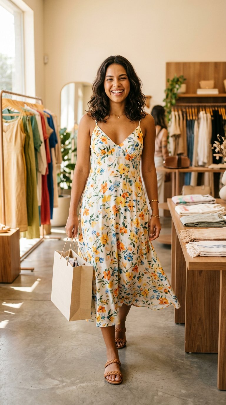 Mulher usando vestido floral de verão
