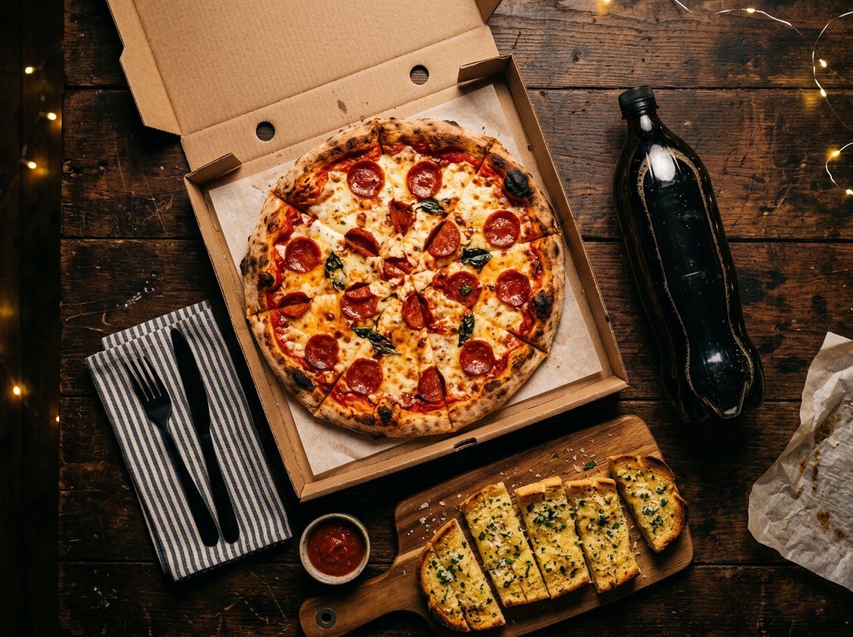 Pizza na caixa com refrigerante e pão de alho