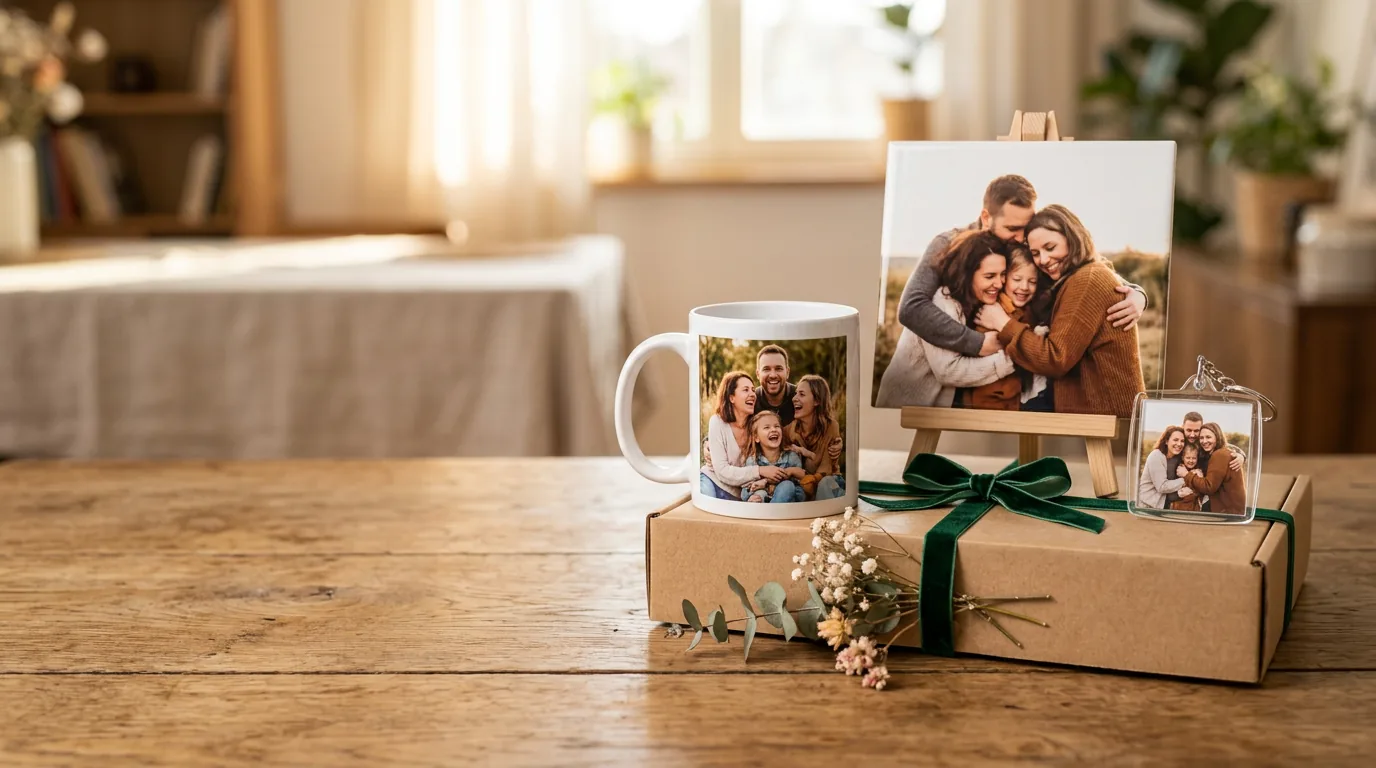 Caneca, azulejo e chaveiro personalizados com fotos sobre uma mesa de madeira